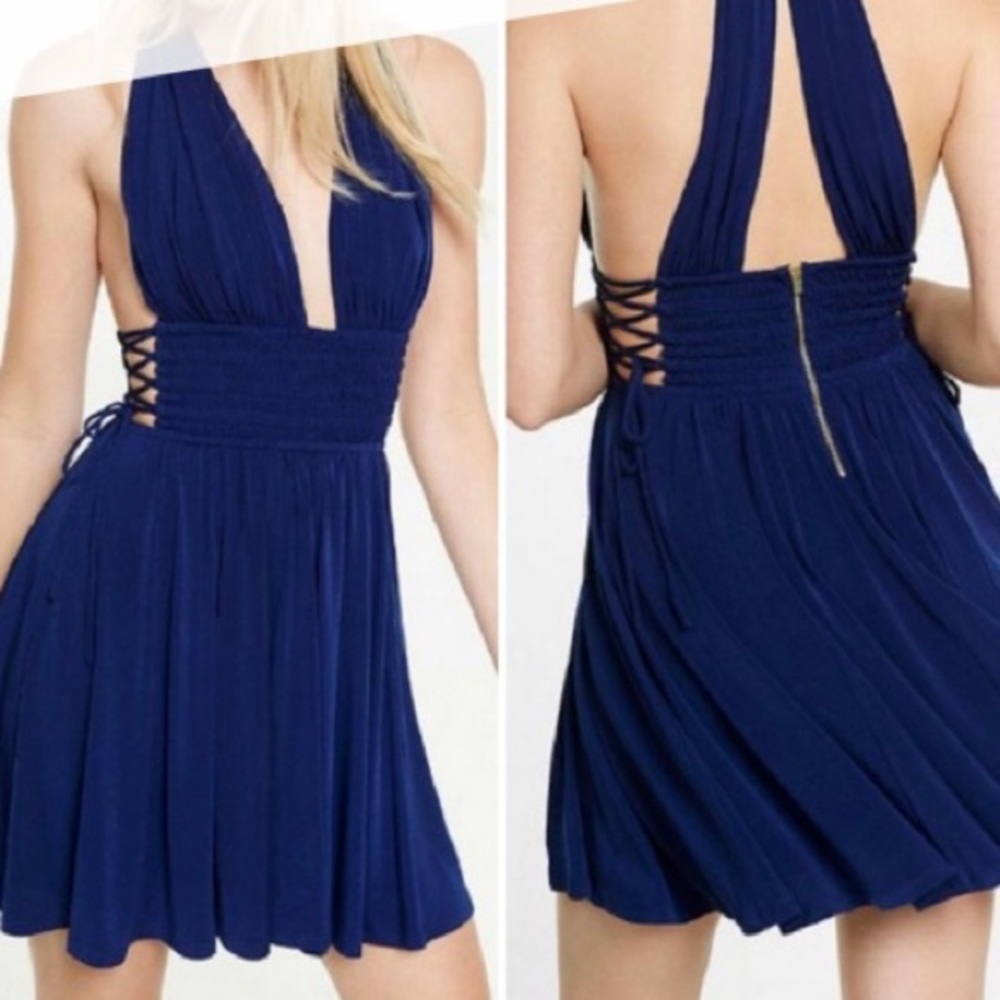 Express Halter Navy Blue Lace Up Dress NWT